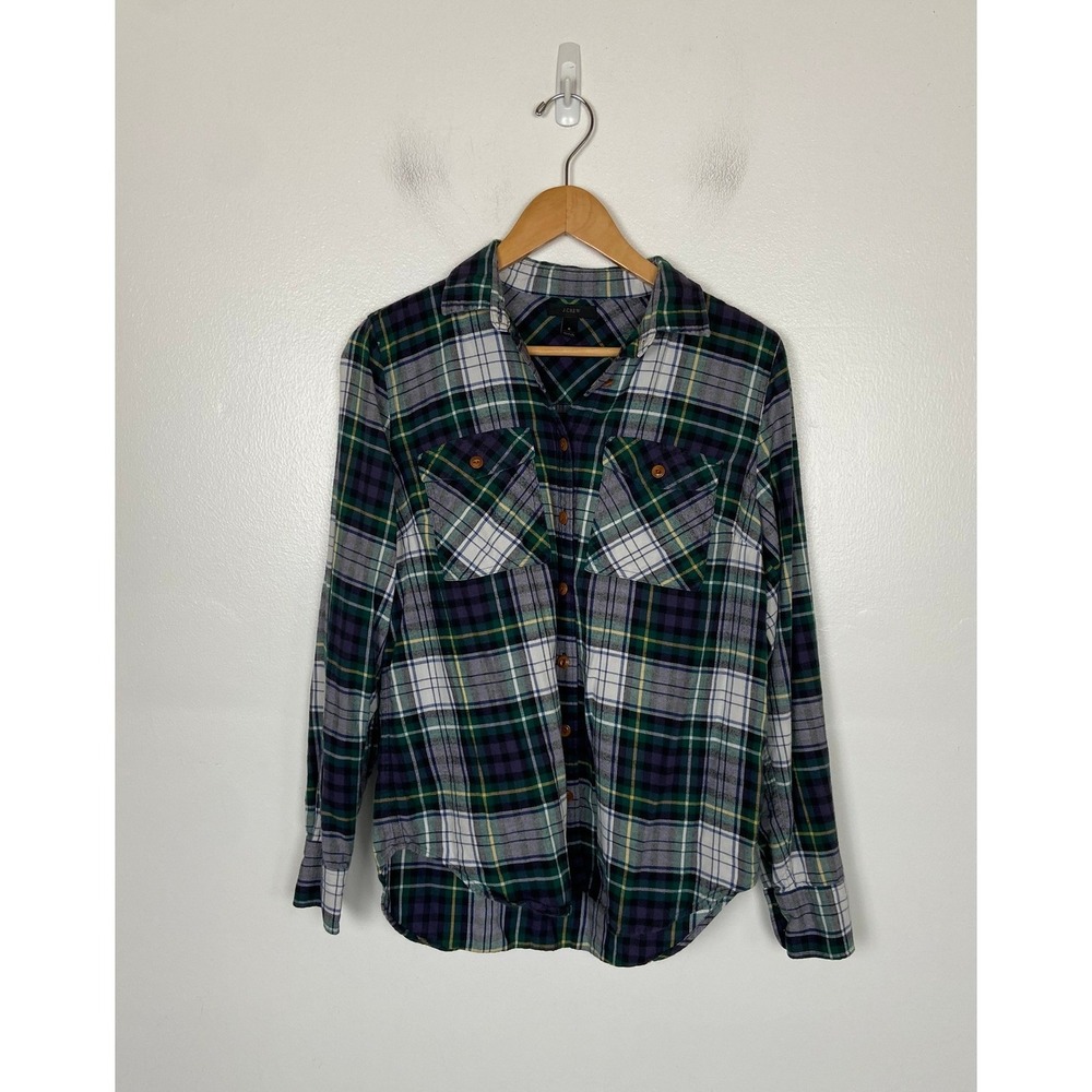 J. Crew Women's Cotton Plaid Flannel Shirt‎ Size 6 Green Long Sleeves Boyfriend